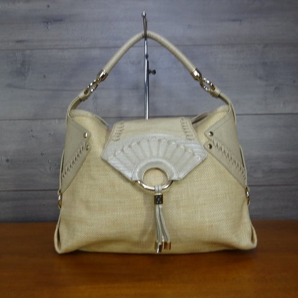 Cole Haan Melanie Straw Leather Gold Hobo Shoulder Bag Handbag Tote